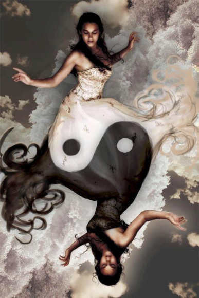 Picture of a women in white mirrored underneath by a women in black upside down and their skirts join together in a yin yang symbol
